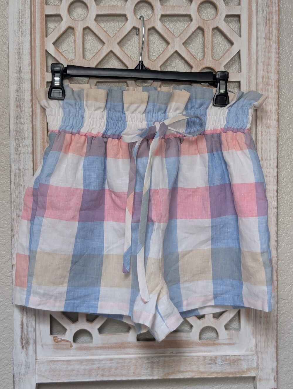 NWT English Factory women's size small shorts woven paper bag waist pink blue